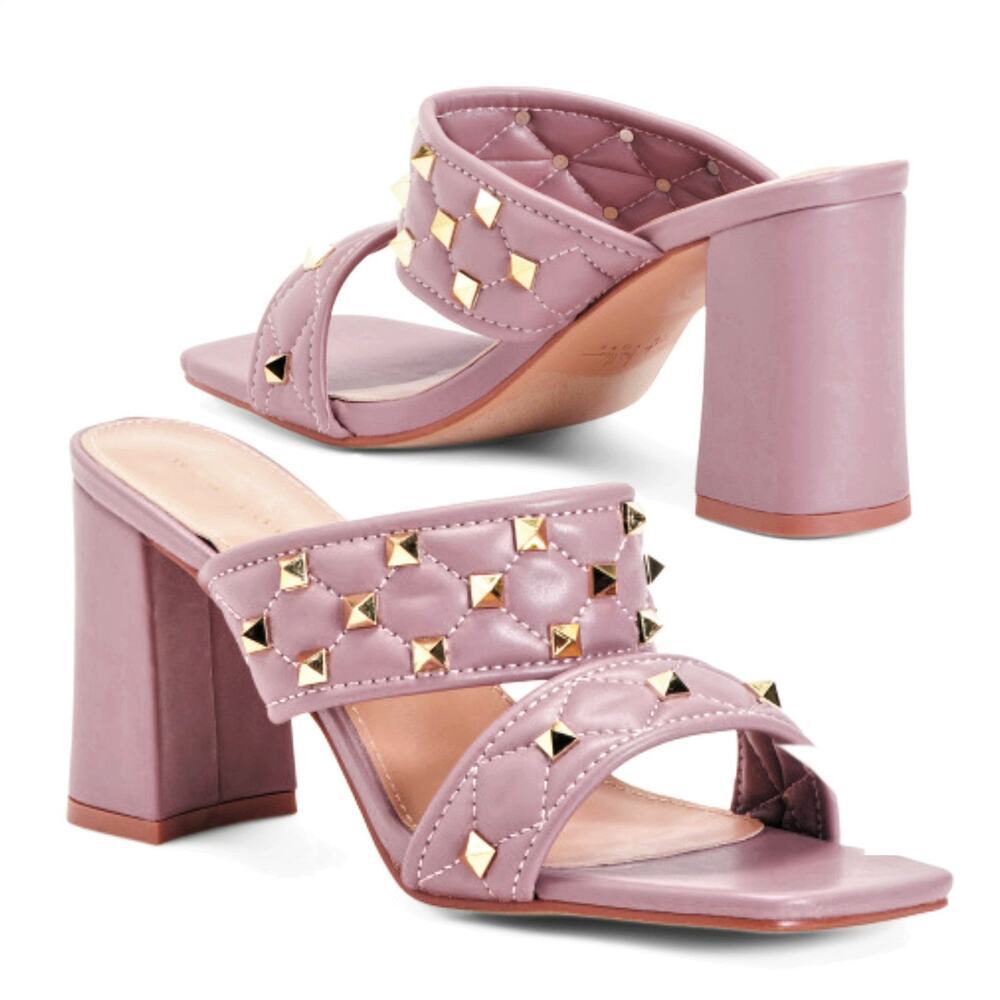 NWT Nicole Miller Quilted Studded Open Toe Block Heel Slide-on Sandals